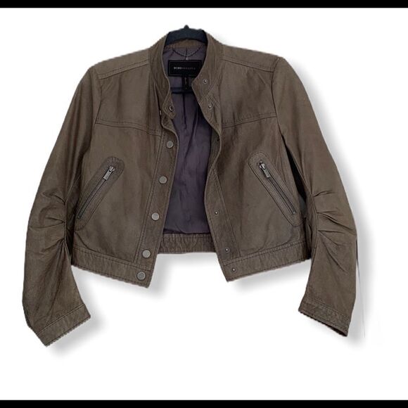 BCBGMAXAZARIA leather Snap Collar Moto Bomber Jacket Small EUC - Picture 2 of 15